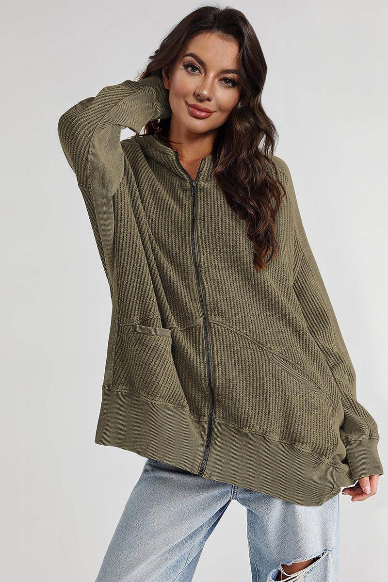 Zip-Up Long Sleeve Jacket with Hood and Pockets for Comfort