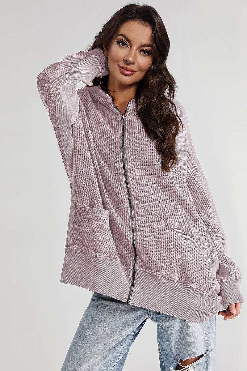 Zip-Up Long Sleeve Jacket with Hood and Pockets for Comfort