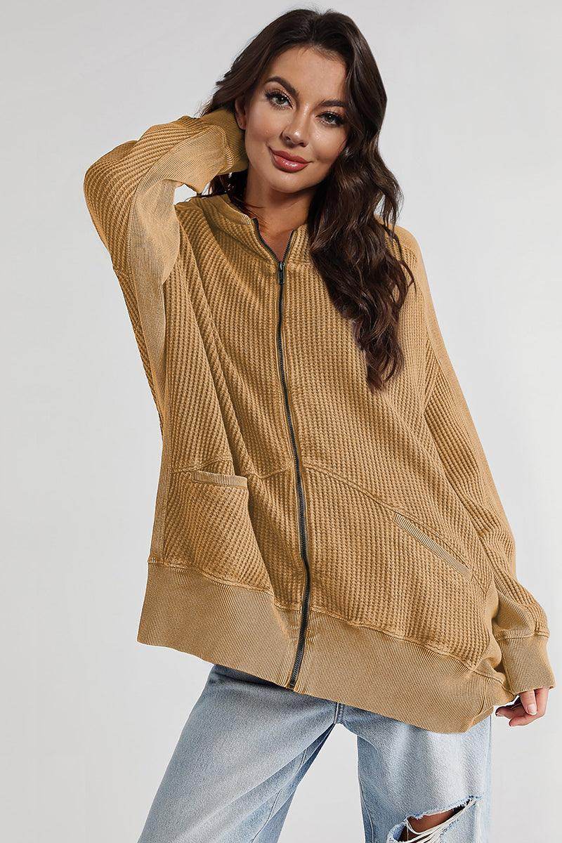 Zip-Up Long Sleeve Jacket with Hood and Pockets for Comfort
