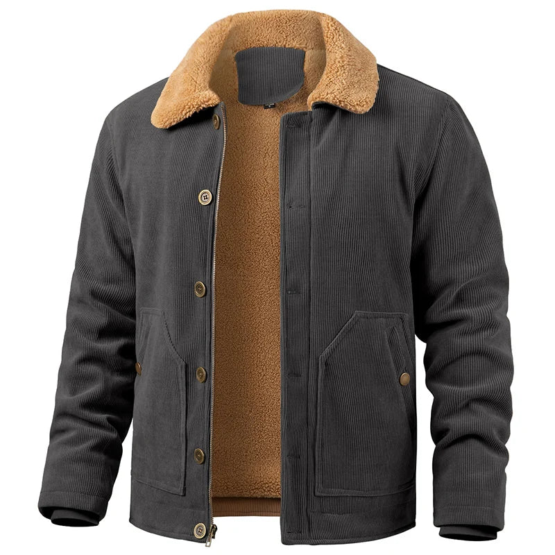 Men's Winter Corduroy Jacket Warm Fleece Lined Cargo Work Coat Casual Thick Sherpa Collar Trucker Deck Navy Jackets