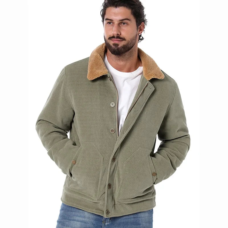 Men's Winter Corduroy Jacket Warm Fleece Lined Cargo Work Coat Casual Thick Sherpa Collar Trucker Deck Navy Jackets