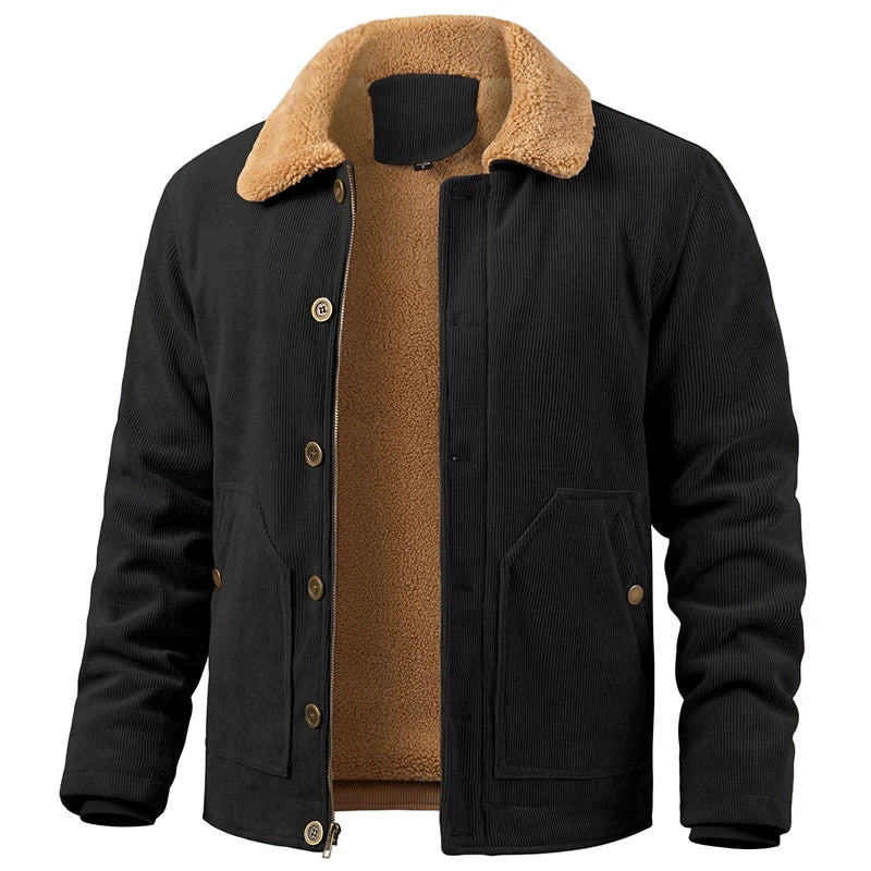 Men's Winter Corduroy Jacket Warm Fleece Lined Cargo Work Coat Casual Thick Sherpa Collar Trucker Deck Navy Jackets