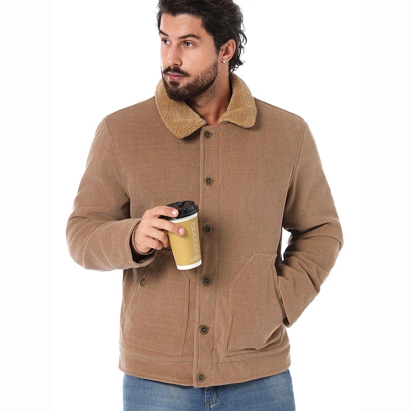 Men's Winter Corduroy Jacket Warm Fleece Lined Cargo Work Coat Casual Thick Sherpa Collar Trucker Deck Navy Jackets