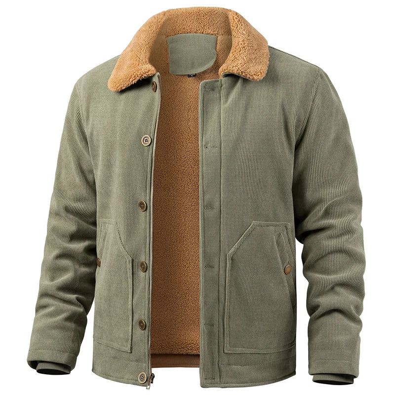 Men's Winter Corduroy Jacket Warm Fleece Lined Cargo Work Coat Casual Thick Sherpa Collar Trucker Deck Navy Jackets