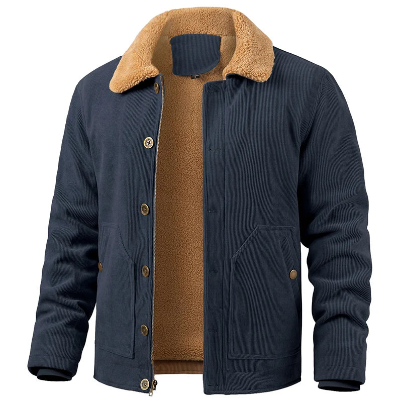 Men's Winter Corduroy Jacket Warm Fleece Lined Cargo Work Coat Casual Thick Sherpa Collar Trucker Deck Navy Jackets