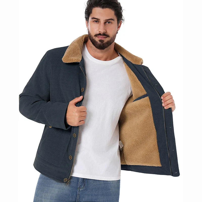 Men's Winter Corduroy Jacket Warm Fleece Lined Cargo Work Coat Casual Thick Sherpa Collar Trucker Deck Navy Jackets