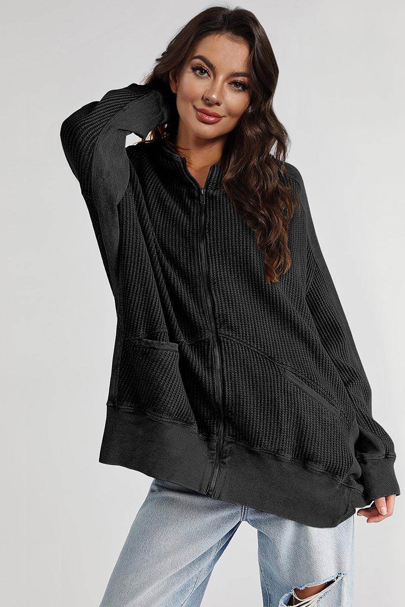 Zip-Up Long Sleeve Jacket with Hood and Pockets for Comfort