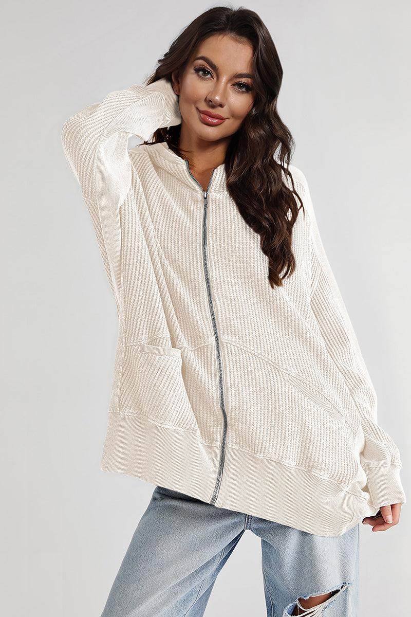 Zip-Up Long Sleeve Jacket with Hood and Pockets for Comfort