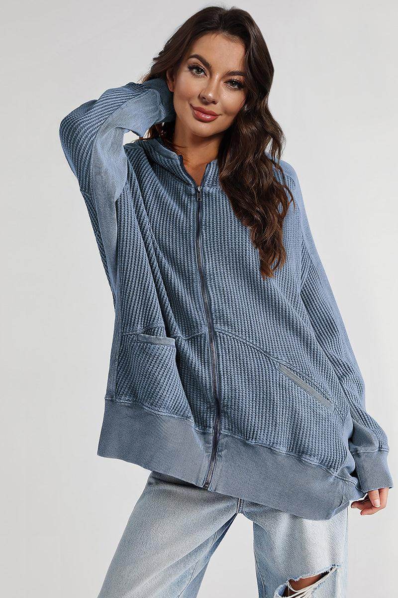 Zip-Up Long Sleeve Jacket with Hood and Pockets for Comfort